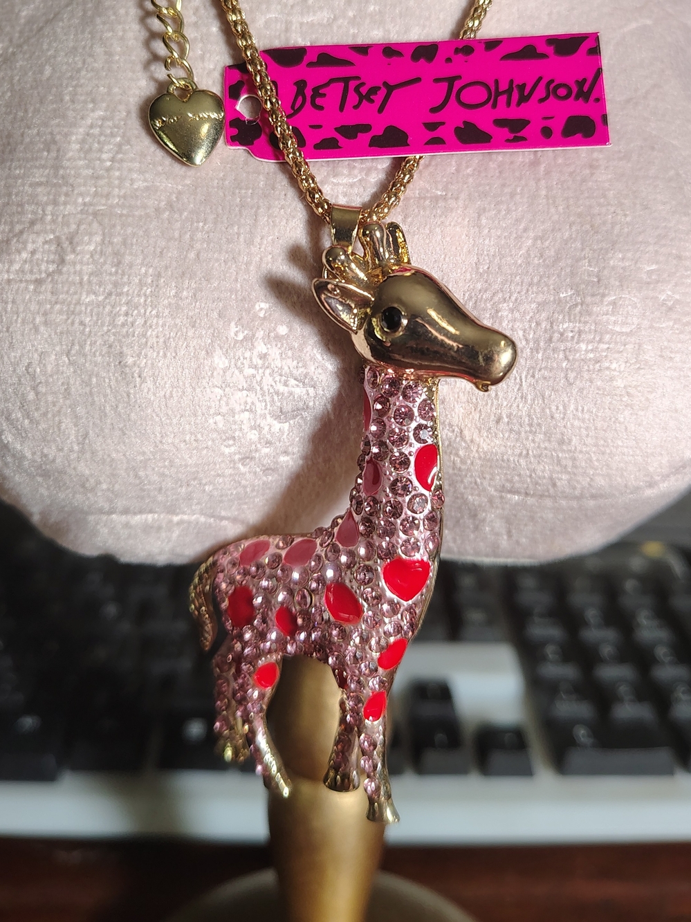 Rare Betsey Johnson Gold-Tone Pink & Red Giraffe Pendant Necklace
